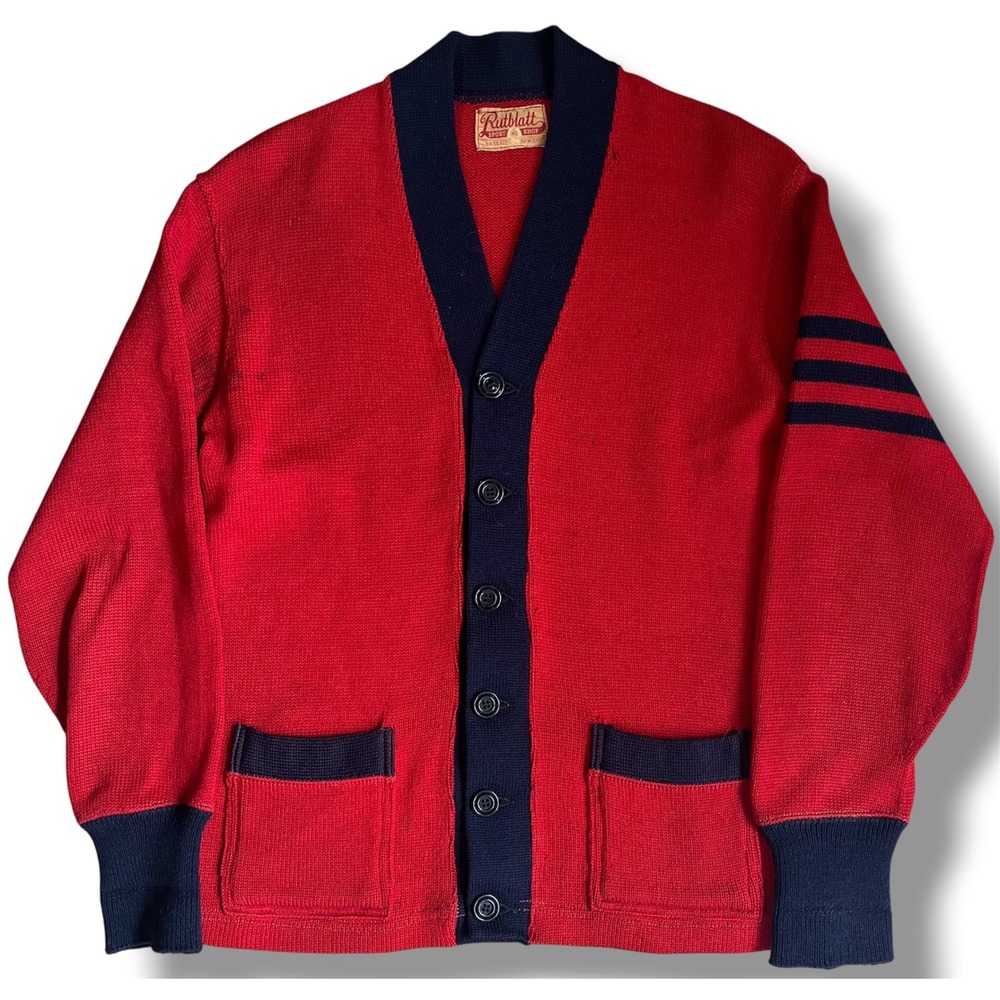 Vintage Rutblatt Sport Shop Letterman Cardigan Red Navy Blue Varsity Sweater 70s